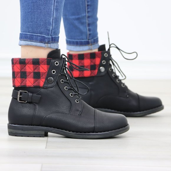 Buffalo Red Black Plaid Combat Ankles Boots Black Faux Leather - Picture 4 of 12